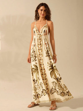 CAJUNI Vestido Longo Casual de Verão para Praia Feminino, Boho Tropical, Alça Fina com Cordão, Estampa de Tartaruga, Árvore de Palma, Flor Tropical