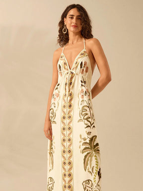 CAJUNI Vestido Longo Casual de Verão para Praia Feminino, Boho Tropical, Alça Fina com Cordão, Estampa de Tartaruga, Árvore de Palma, Flor Tropical