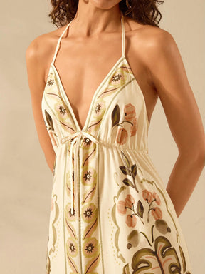 CAJUNI Vestido Longo Casual de Verão para Praia Feminino, Boho Tropical, Alça Fina com Cordão, Estampa de Tartaruga, Árvore de Palma, Flor Tropical
