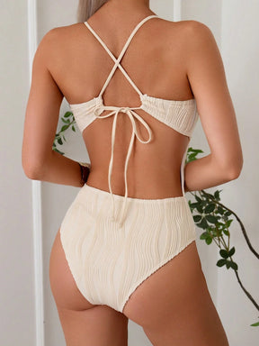 SHEIN Swim Maiô Elegante Feminino com Textura Ondulada Sólida, Decote U, Decoração de Metal, Alças Cruzadas nas Costas, Ideal para Praia e Férias de Verão