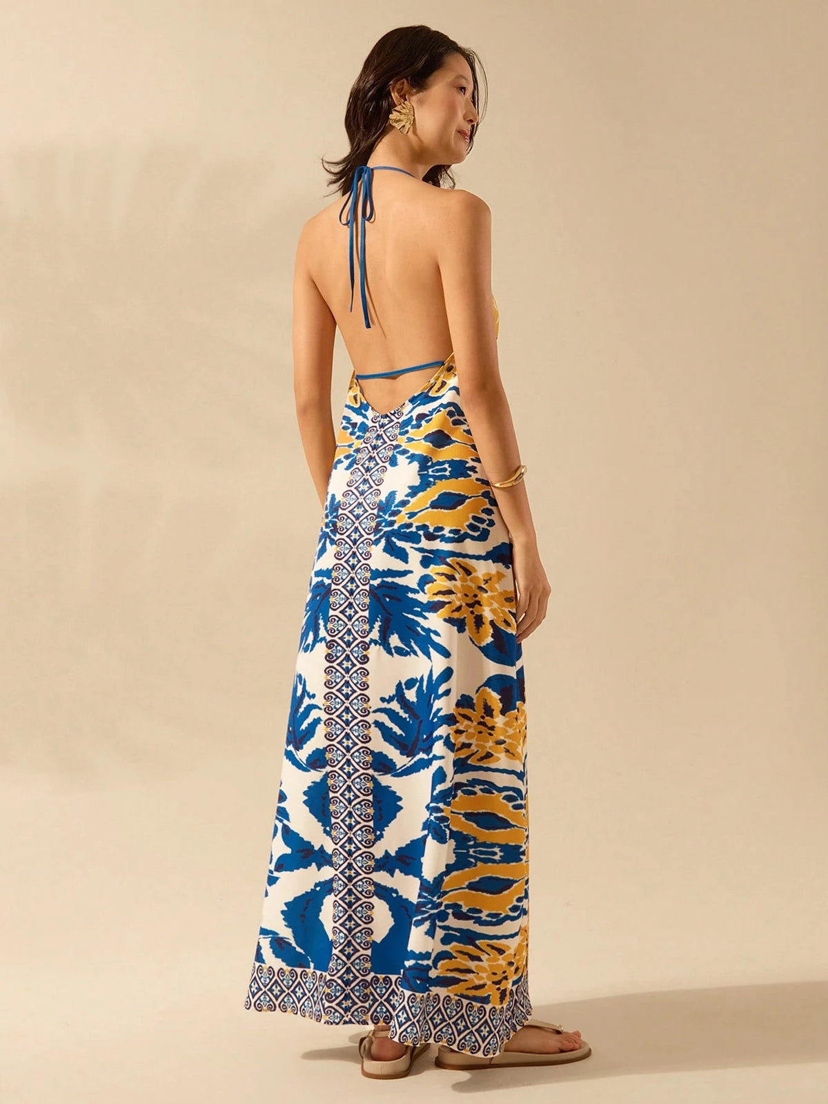 CAJUNI Vestido de Verão Casual de Praia, com Alças de Espaguete, Estampa Boho Tropical, e Amarração em Renda, para Férias