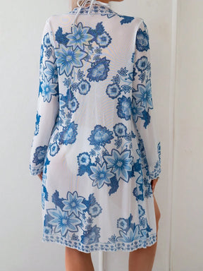 SHEIN Swim Kimono Feminino Estampa Floral Azul, Cobertura de Praia/Férias