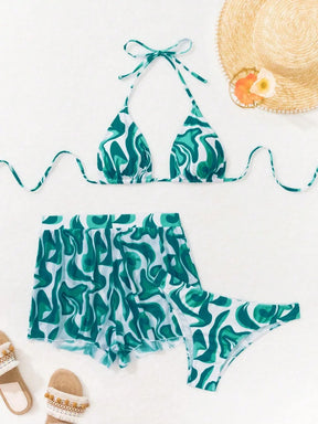 Swim Vcay 3 peças/Conjunto Maiô Bikini Impresso Aleatório para Praia/Férias