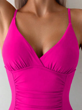 SHEIN Swim Maiô de uma peça para mulher com cor sólida e franzido, com alça de ombro ajustável, perfeito para praia e férias, verão na praia.