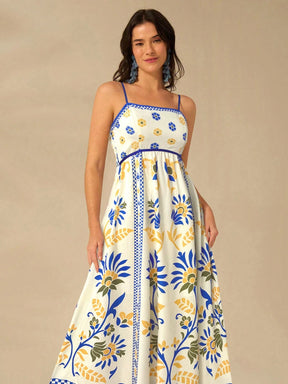 CAJUNI Vestido de Verão Casual Feminino com Estampa de Selenipédio e Azálea, de Tiras Finas e Costas Abertas, Elegante e Gracioso
