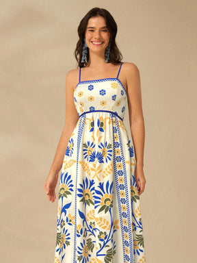 CAJUNI Vestido de Verão Casual Feminino com Estampa de Selenipédio e Azálea, de Tiras Finas e Costas Abertas, Elegante e Gracioso