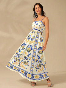 CAJUNI Vestido de Verão Casual Feminino com Estampa de Selenipédio e Azálea, de Tiras Finas e Costas Abertas, Elegante e Gracioso