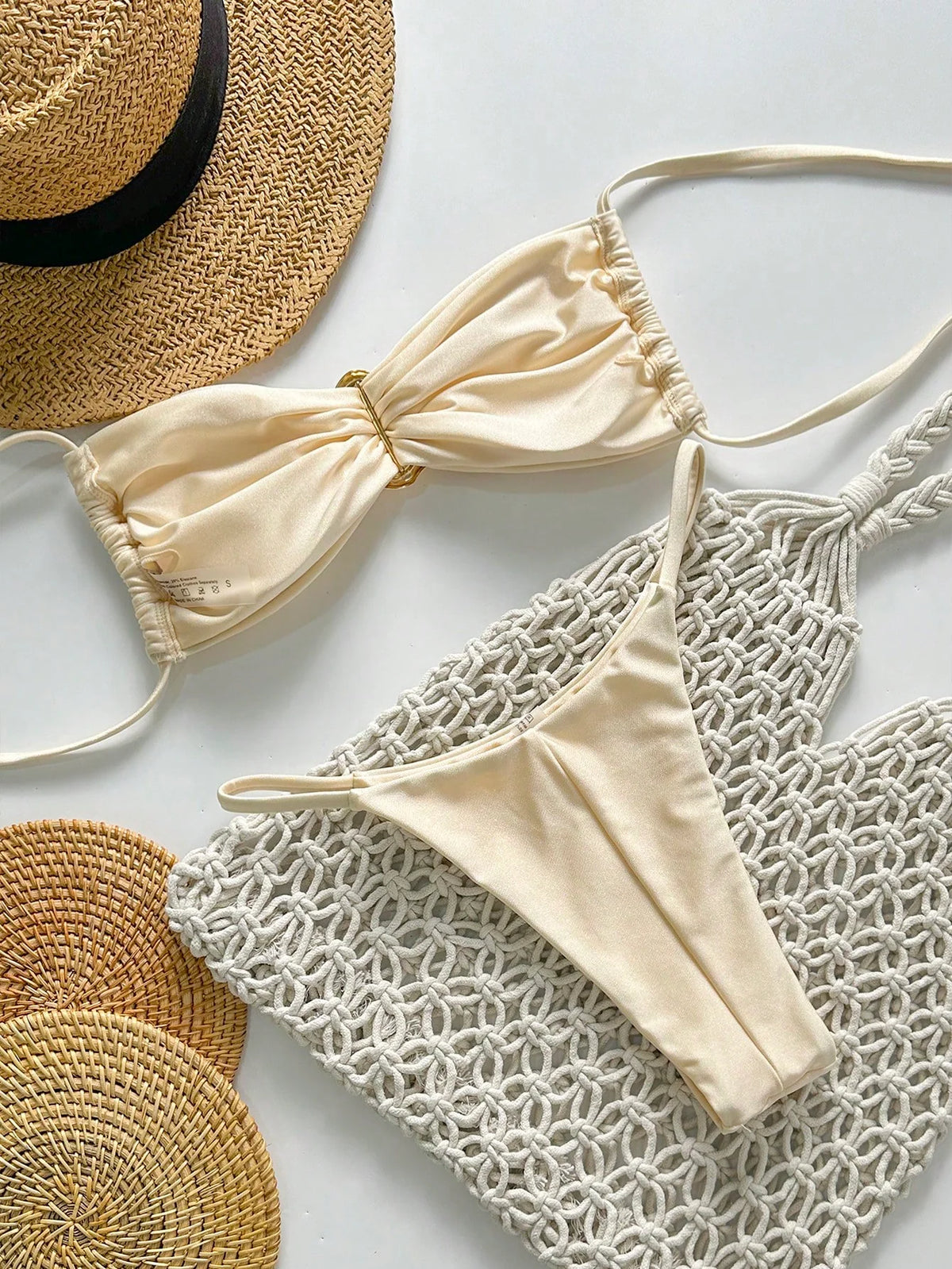 SHEIN Swim Conjunto de Maiô Bikini Feminino Strapless de Verão Solid Color com Amarração e Decoração Metálica, Sexy
