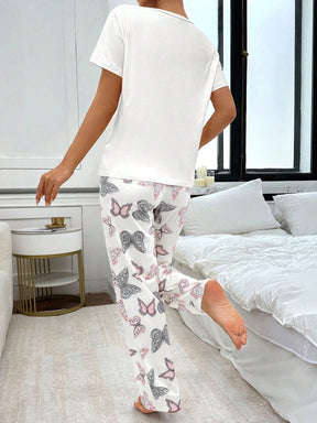 Conjunto de Pijama com Estampa de Borboleta de Manga Curta e Calça Longa Fashionable para Mulheres