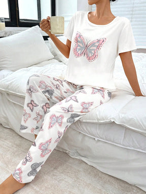 Conjunto de Pijama com Estampa de Borboleta de Manga Curta e Calça Longa Fashionable para Mulheres