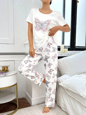 Conjunto de Pijama com Estampa de Borboleta de Manga Curta e Calça Longa Fashionable para Mulheres