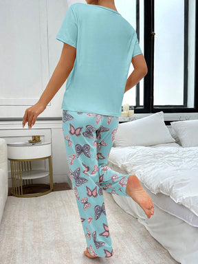 Conjunto de Pijama com Estampa de Borboleta de Manga Curta e Calça Longa Fashionable para Mulheres