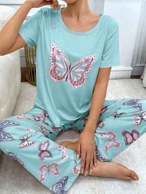 Conjunto de Pijama com Estampa de Borboleta de Manga Curta e Calça Longa Fashionable para Mulheres