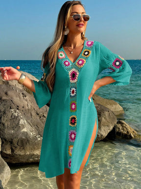 Swim Vcay Roupas de Verão para Mulheres, Vestido Túnica Solto com Decote em V, Manga 3/4, Flor de Crochê em Cor Aleatória, Fenda Lateral, Ideal para Praia e Férias de Verão