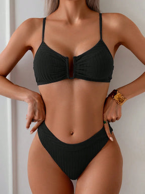 Swim Basics Conjunto de Maiô Bikini Texturizado Listrado Casual de Férias para Mulheres, para Praia e Férias de Verão