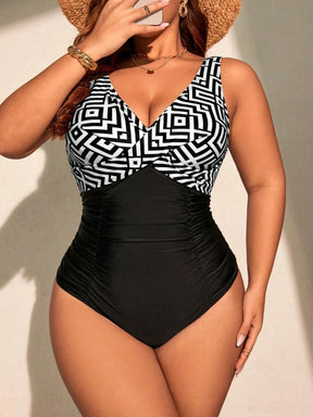 Swim Lushoire Maio Tipo One-Piece com Estampa Geométrica Contrastante, Plus Size, Para Férias na Praia de Verão