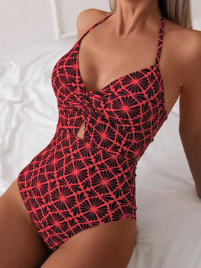 SHEIN Swim Maiô feminino estampado com nó torcido e decote com vazados, estilo Halter, para férias