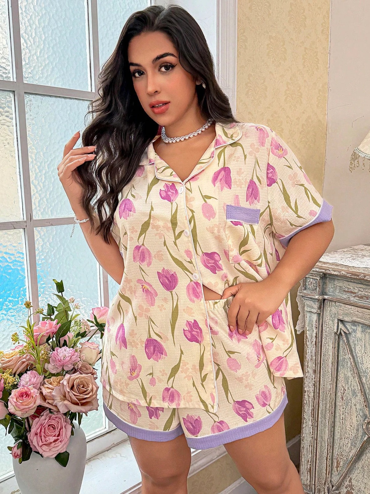 CottageSlumber Conjunto de pijama de Shorts de manga curta com estampa floral franzida e retalhos aberta na frente para Plus Size