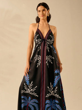 CAJUNI Vestido de Verão Casual para Praia, Estampa Tropical Boho de Flores e Árvore de Coco, Alças Finas com Cadarço, Mulheres