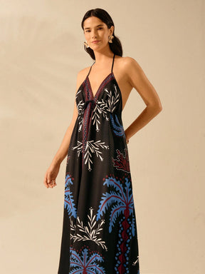 CAJUNI Vestido de Verão Casual para Praia, Estampa Tropical Boho de Flores e Árvore de Coco, Alças Finas com Cadarço, Mulheres