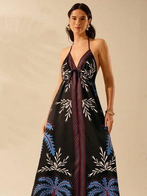 CAJUNI Vestido de Verão Casual para Praia, Estampa Tropical Boho de Flores e Árvore de Coco, Alças Finas com Cadarço, Mulheres