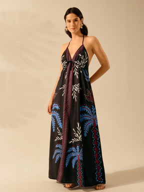 CAJUNI Vestido de Verão Casual para Praia, Estampa Tropical Boho de Flores e Árvore de Coco, Alças Finas com Cadarço, Mulheres