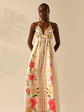 CAJUNI Vestido de Verão Casual para Praia, Estampa Tropical Boho de Flores e Árvore de Coco, Alças Finas com Cadarço, Mulheres