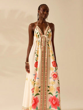 CAJUNI Vestido de Verão Casual para Praia, Estampa Tropical Boho de Flores e Árvore de Coco, Alças Finas com Cadarço, Mulheres
