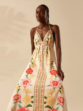 CAJUNI Vestido de Verão Casual para Praia, Estampa Tropical Boho de Flores e Árvore de Coco, Alças Finas com Cadarço, Mulheres