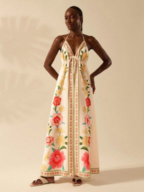 CAJUNI Vestido de Verão Casual para Praia, Estampa Tropical Boho de Flores e Árvore de Coco, Alças Finas com Cadarço, Mulheres