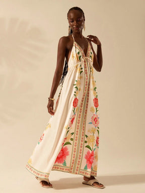 CAJUNI Vestido de Verão Casual para Praia, Estampa Tropical Boho de Flores e Árvore de Coco, Alças Finas com Cadarço, Mulheres