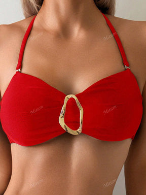 Conjunto de Maiô Bikini Tomara que Caia de Duas Peças de Cor Sólida e Busto Plano, com Acessórios Metálicos no Meio, Adequado para Férias na Ilha, Fotografia, Natação, para a Praia no Verão