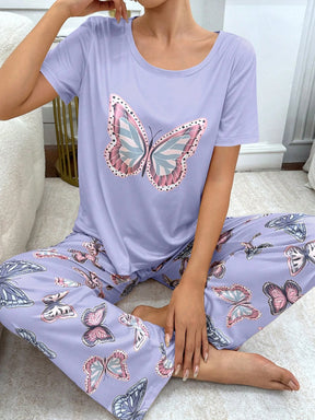 Conjunto de Pijama com Estampa de Borboleta de Manga Curta e Calça Longa Fashionable para Mulheres