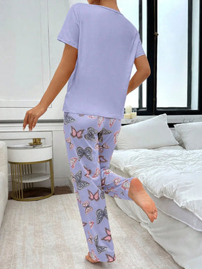 Conjunto de Pijama com Estampa de Borboleta de Manga Curta e Calça Longa Fashionable para Mulheres