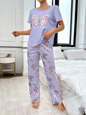 Conjunto de Pijama com Estampa de Borboleta de Manga Curta e Calça Longa Fashionable para Mulheres