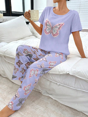 Conjunto de Pijama com Estampa de Borboleta de Manga Curta e Calça Longa Fashionable para Mulheres