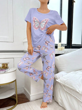 Conjunto de Pijama com Estampa de Borboleta de Manga Curta e Calça Longa Fashionable para Mulheres