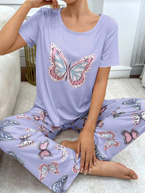 Conjunto de Pijama com Estampa de Borboleta de Manga Curta e Calça Longa Fashionable para Mulheres