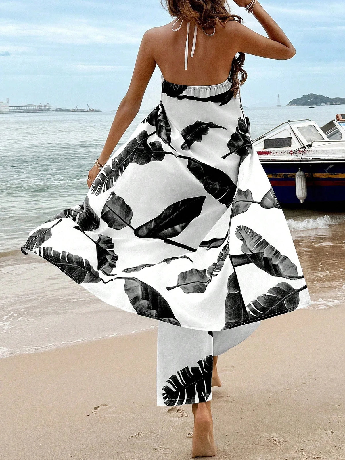 Breezaya Conjunto De Duas Peças Com Top Halter De Fenda Alta E Calça Boca Larga Com Cintura Elástica Com Estampa De Planta Tropical Para Primavera E Verão