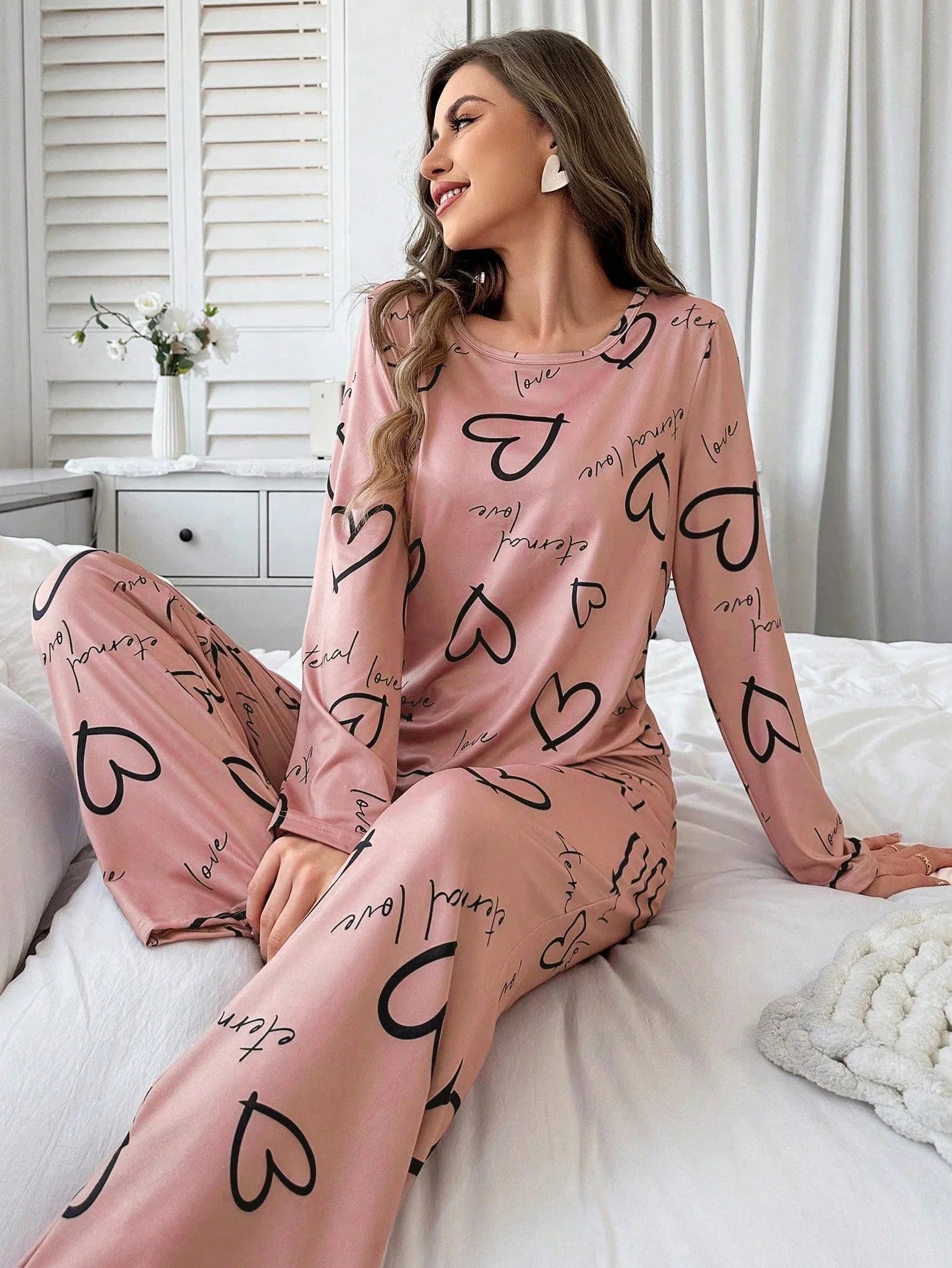 Conjunto de Pijama Casual com Top de Manga Longa com Estampa Completa e Gola Careca e Calça, Para Mulheres