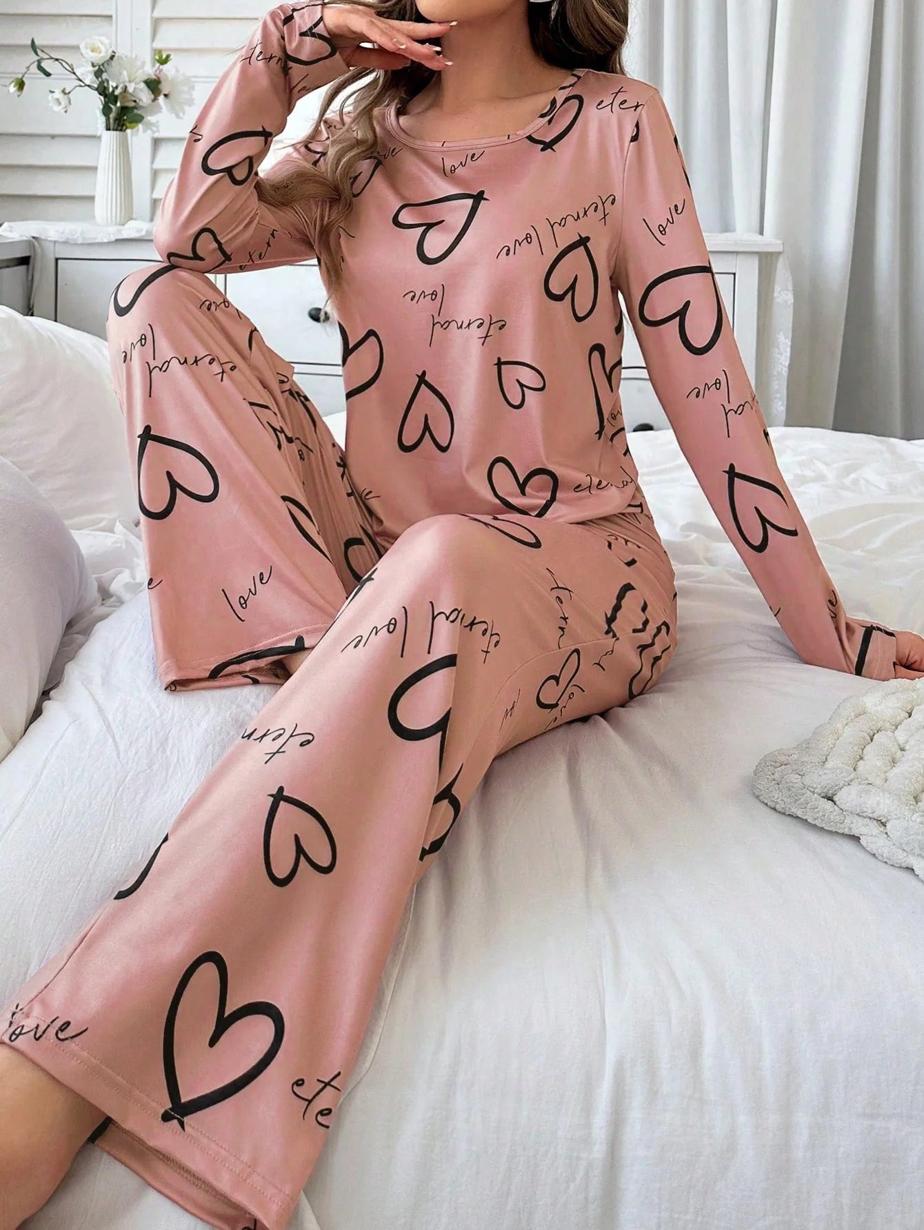 Conjunto de Pijama Casual com Top de Manga Longa com Estampa Completa e Gola Careca e Calça, Para Mulheres