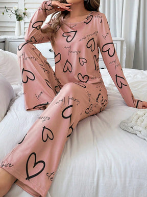 Conjunto de Pijama Casual com Top de Manga Longa com Estampa Completa e Gola Careca e Calça, Para Mulheres