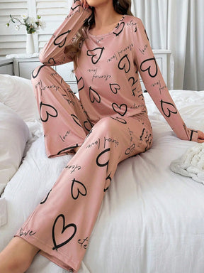 Conjunto de Pijama Casual com Top de Manga Longa com Estampa Completa e Gola Careca e Calça, Para Mulheres