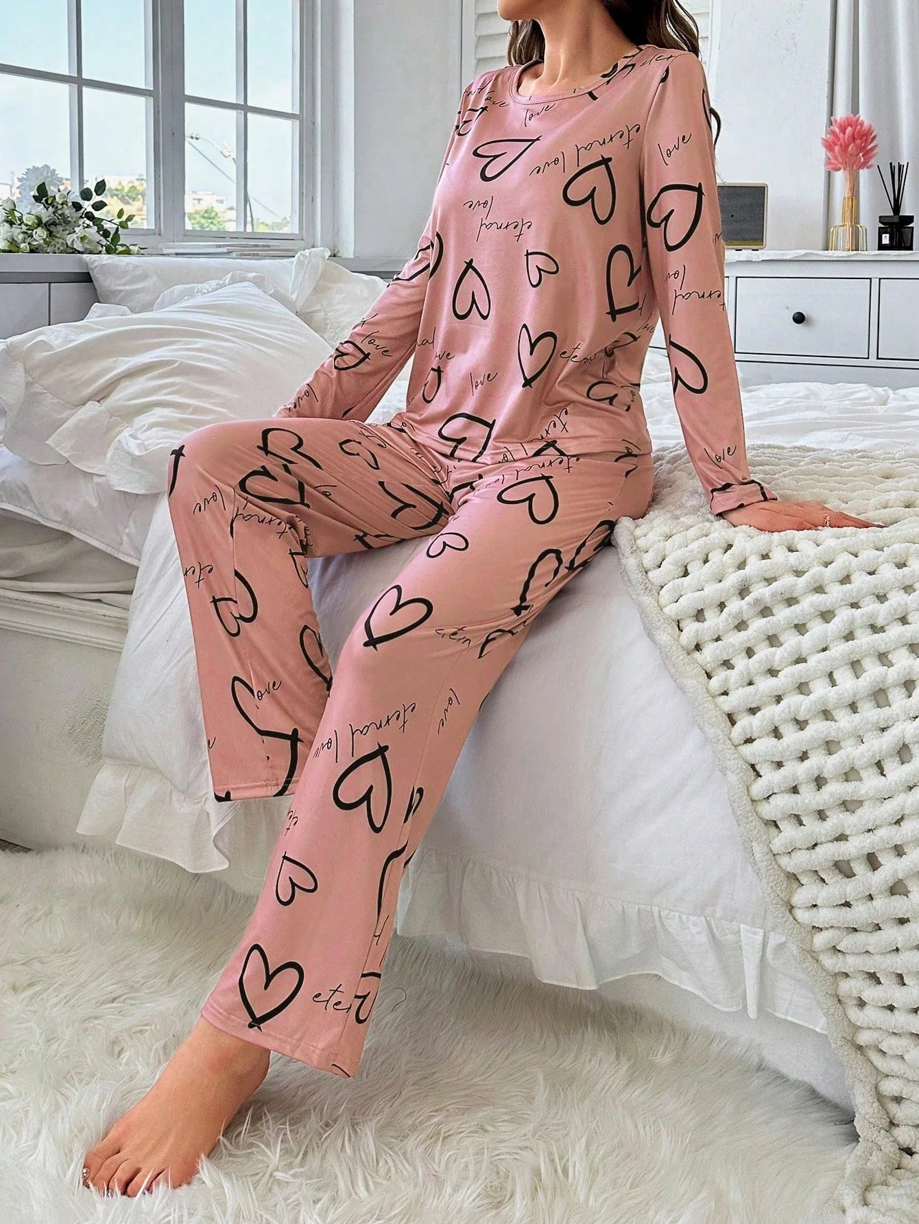 Conjunto de Pijama Casual com Top de Manga Longa com Estampa Completa e Gola Careca e Calça, Para Mulheres