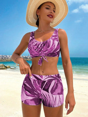 Swim Lushoire Conjunto de Maiô Bikini Sexy com Cordão na Frente e Roupão Floral Tropical de Verão para Mulheres