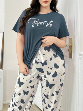 Conjunto de Pijama Plus Size com Estampa de Borboleta e Letra de Manga Curta para Mulheres