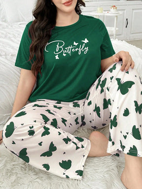 Conjunto de Pijama Plus Size com Estampa de Borboleta e Letra de Manga Curta para Mulheres