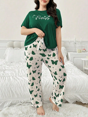 Conjunto de Pijama Plus Size com Estampa de Borboleta e Letra de Manga Curta para Mulheres