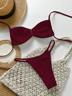 SHEIN Swim Conjunto de Maiô Bikini Feminino Strapless de Verão Solid Color com Amarração e Decoração Metálica, Sexy