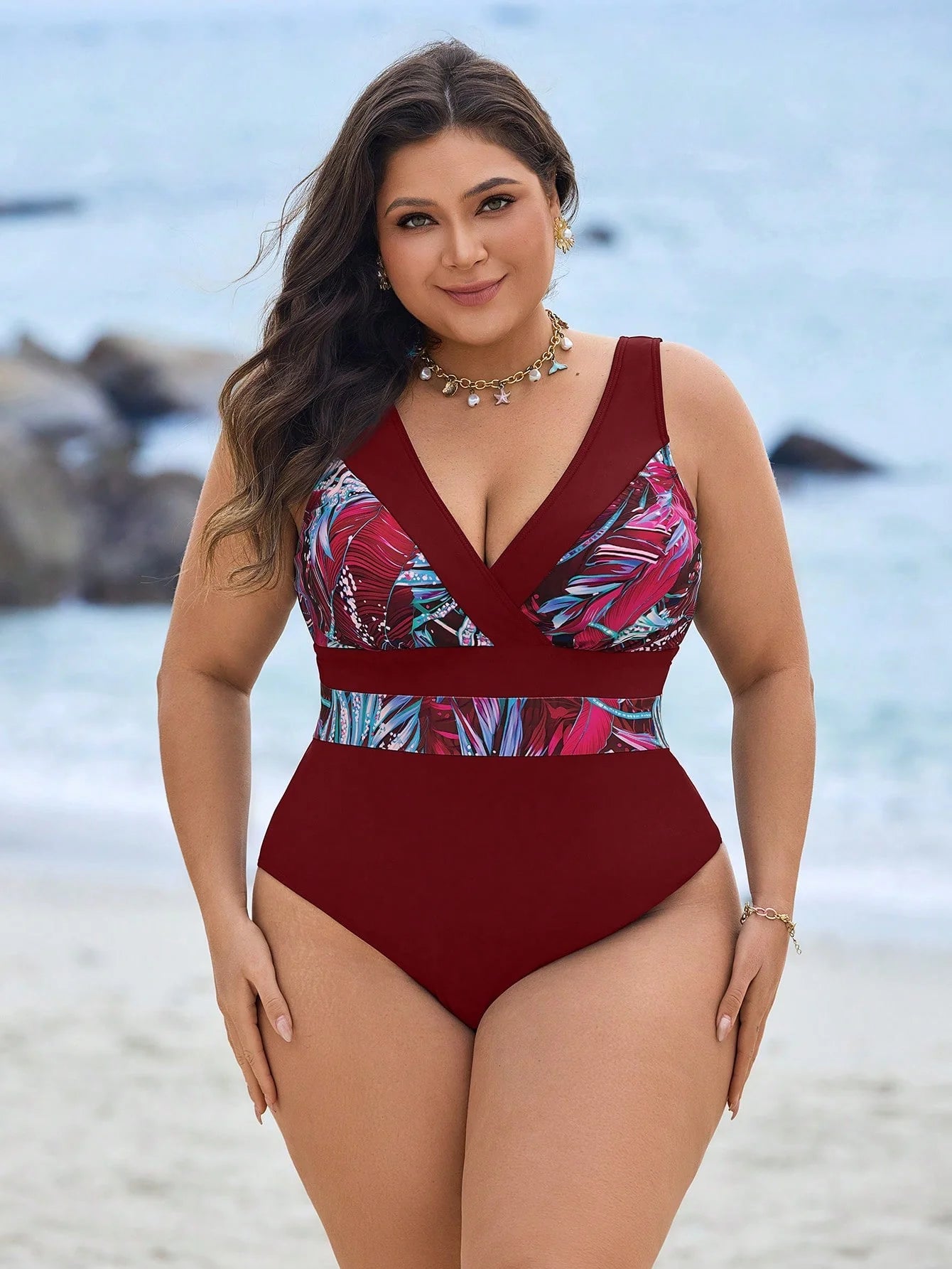 Swim Lushoire Maiô Plus Size com Estampa de Praia e Colorblock
